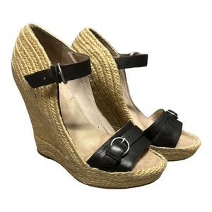 Women’s ALLSAINTS Biela ankle strap leather espadrille wedge in black SIZE 40